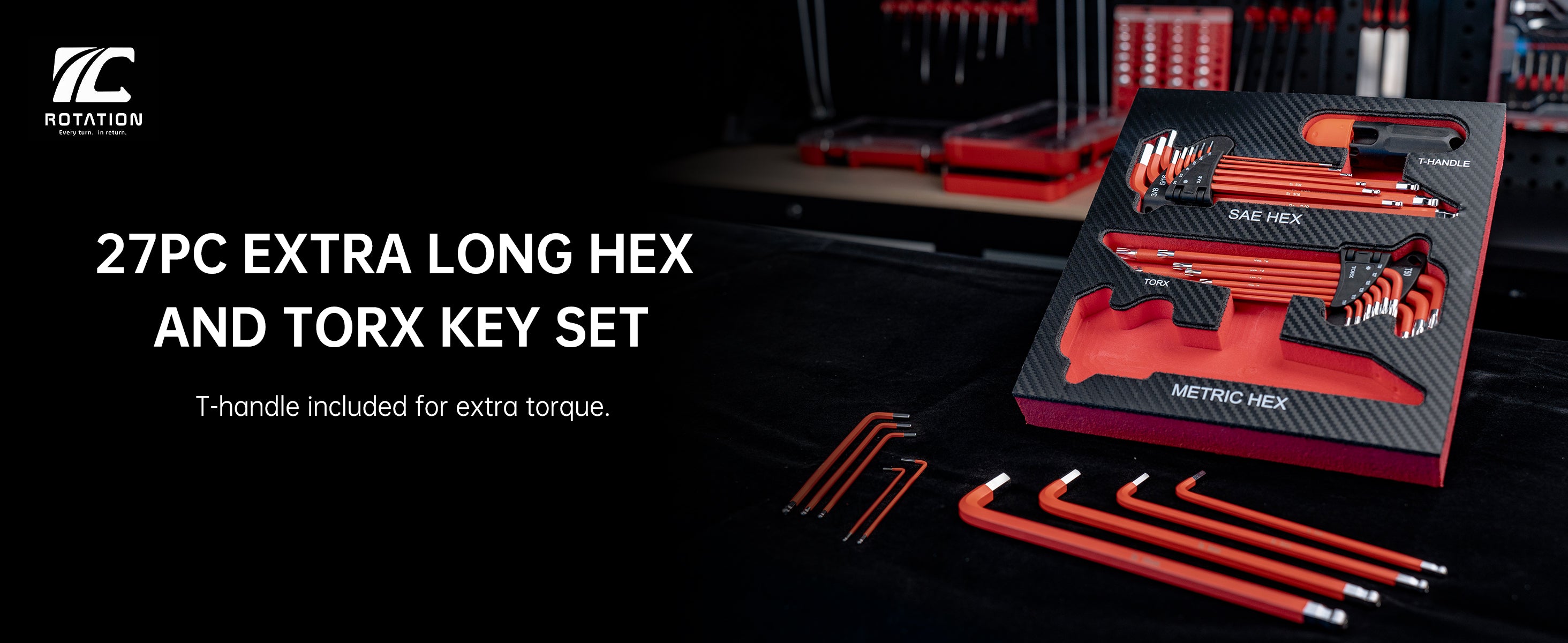 ROTATION 27PC Extra Long Hex Key Set, Metric & SAE Magnetic Ball End Allen Wrench Set with Handle, S2 Alloy Allen Key Set Steel Metric(1.5mm-10mm) SAE(1/16