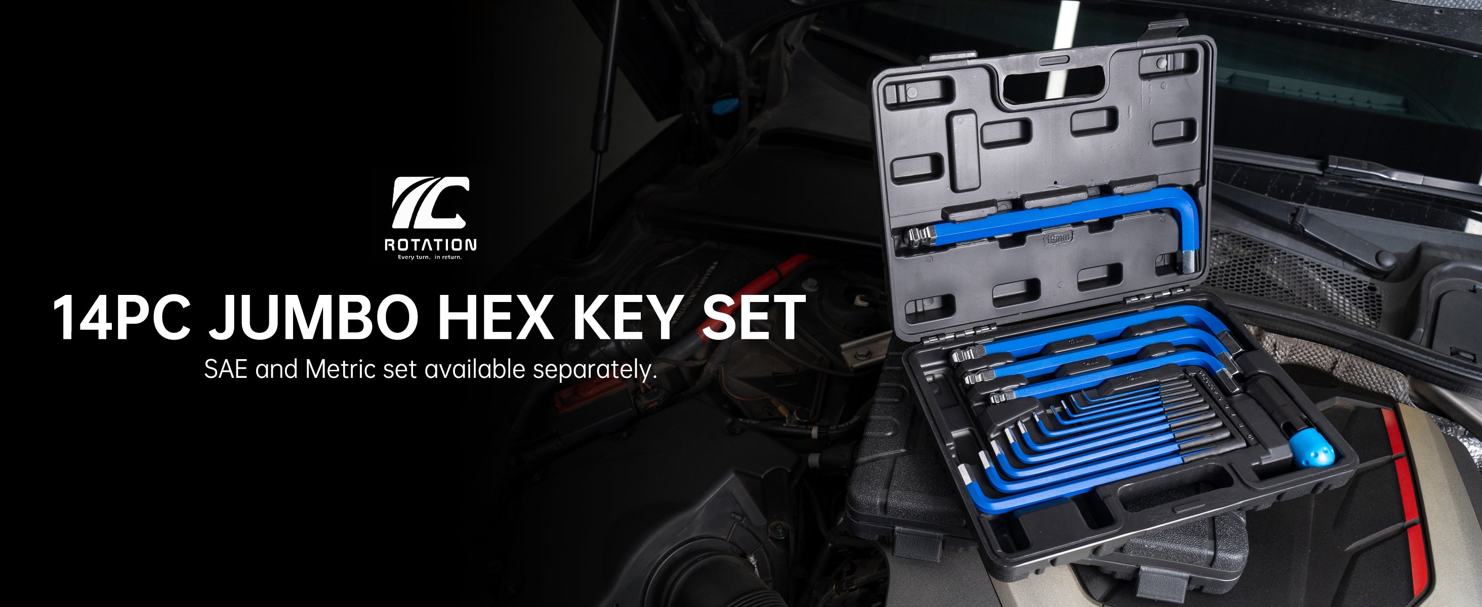 ROTATION 14PC Metric/SAE Jumbo Hex Key Allen Wrench Set, Long Ball End high-strength chrome vanadium Steel | Automotive Mechanic Furniture | Pro-Grade Allen Wrench Tools - Detail Large 1