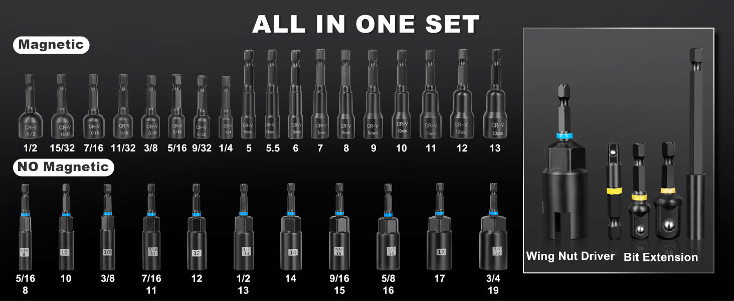 ROTATION 34-Piece Impact Nut Driver Set, Magnetic, SAE & Metric, Nut Drivers Set for Impact Drill, Deep Impact Nut Drivers, Impact Socket Adapters, Wing Nut Driver, Bit Extension, with Storage Case - Detail Large 2