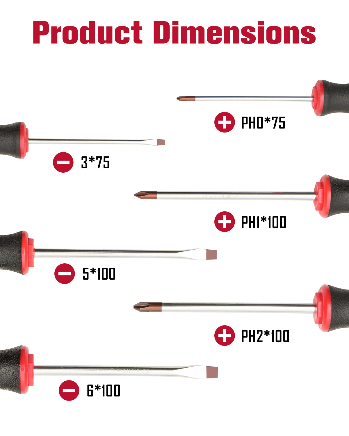 Featuring sizes of 3*75mm, 5*100mm, 6*100mm; PH0*75mm, PH1*100mm, PH2*100mm