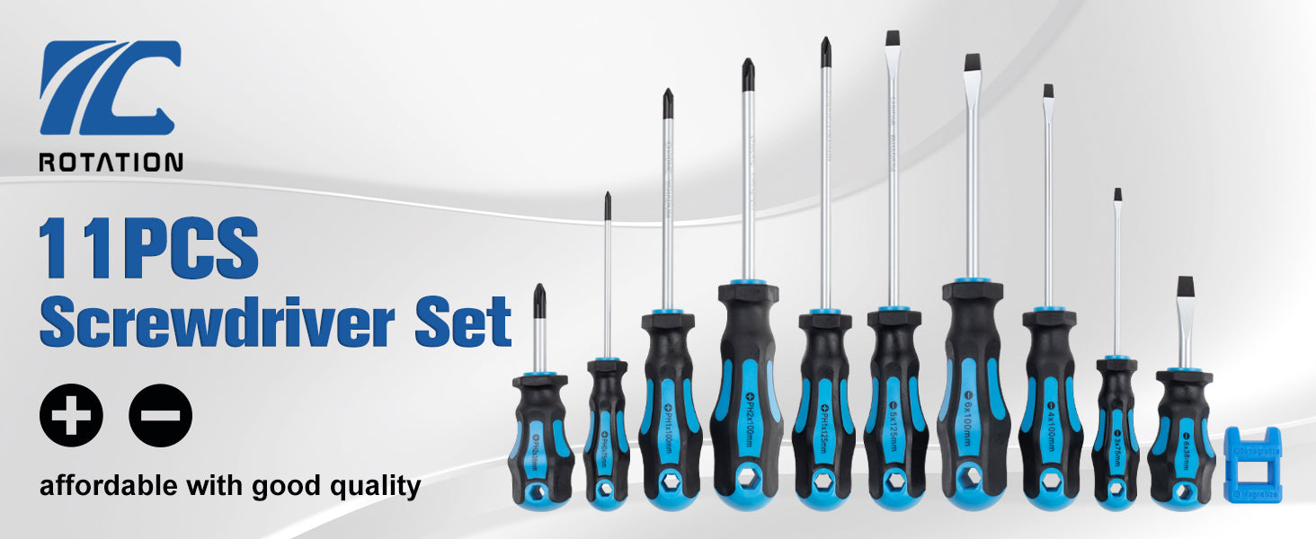 ROTATON 11-Piece Magnetic Screwdriver Set, 5 Phillips & 5 Slotted Tips, Include Magnetizer, Screwdriver with Professional Non-Slip Grip, for Home Repair and DIY Projects - Detail Large 1