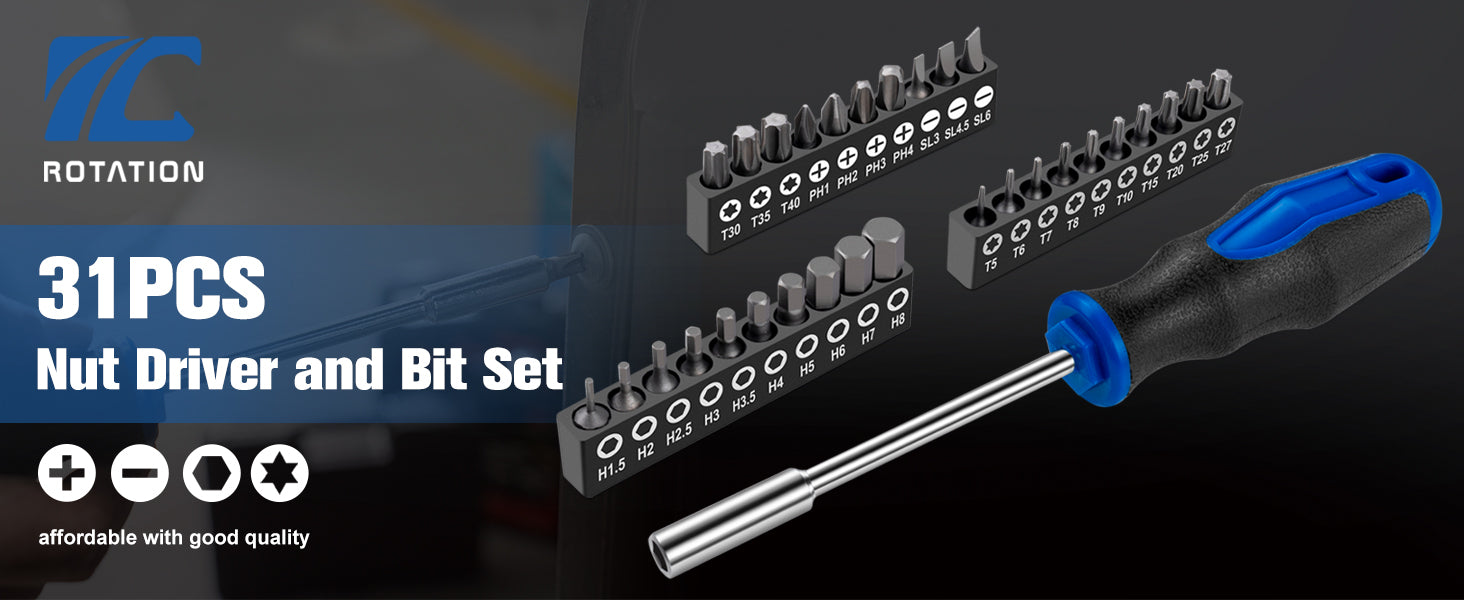 ROTATION 31-Piece 1/4 Inch Magnetic Bit Driver Set, Nit Driver with Phillips, Flat/Slotted, Hex and Torx Bits, Screwdriver Handle for Holding 1/4 Bits, CR-V Steel - Detail Large 1