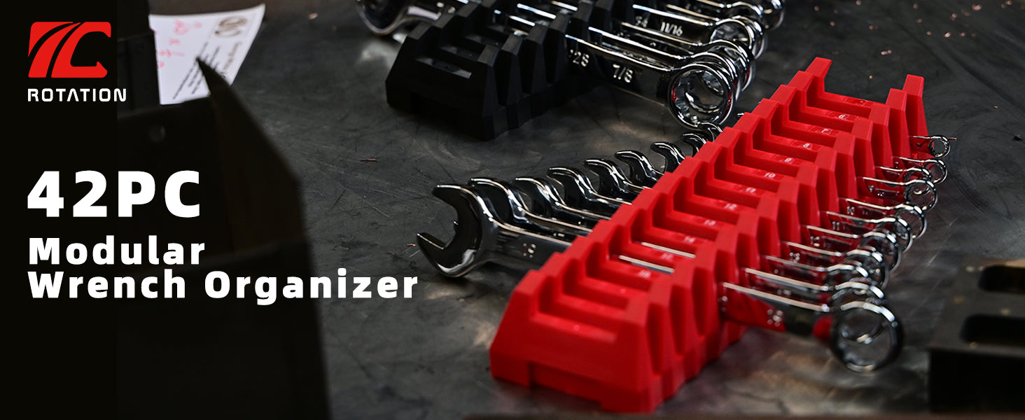 ROTATION 42PC Modular Wrench Organizer, Magnetic Wrench Rack with SAE & Metric Labels, Professional Tool Drawer Storage, Expandable Grid Holder - Detail Large 1