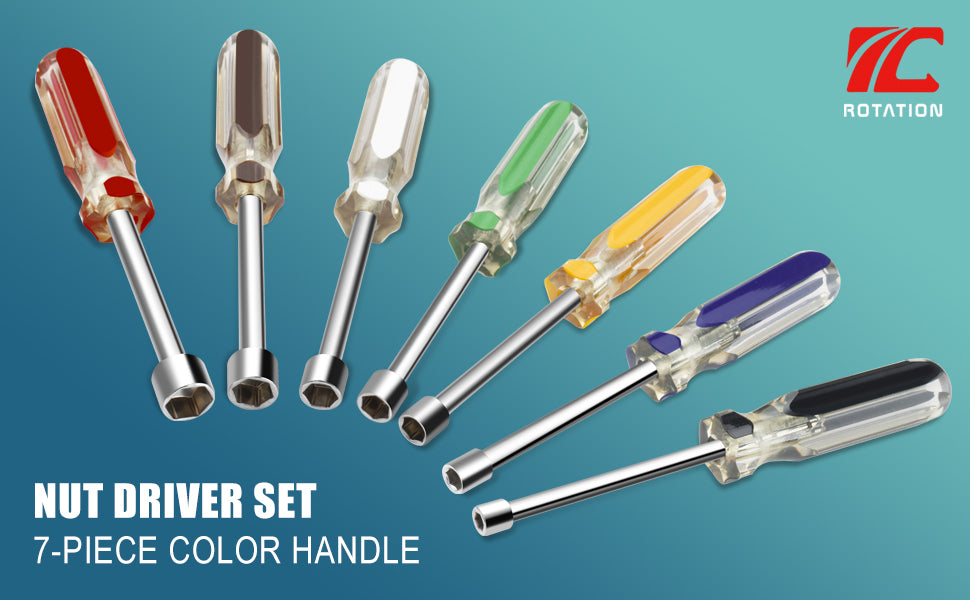 ROTATION 7PC Nut Driver Set - Drivers for Bolts Nuts Fasteners, Color-Coded Non-Slip PVC Grips - Detail Large 1