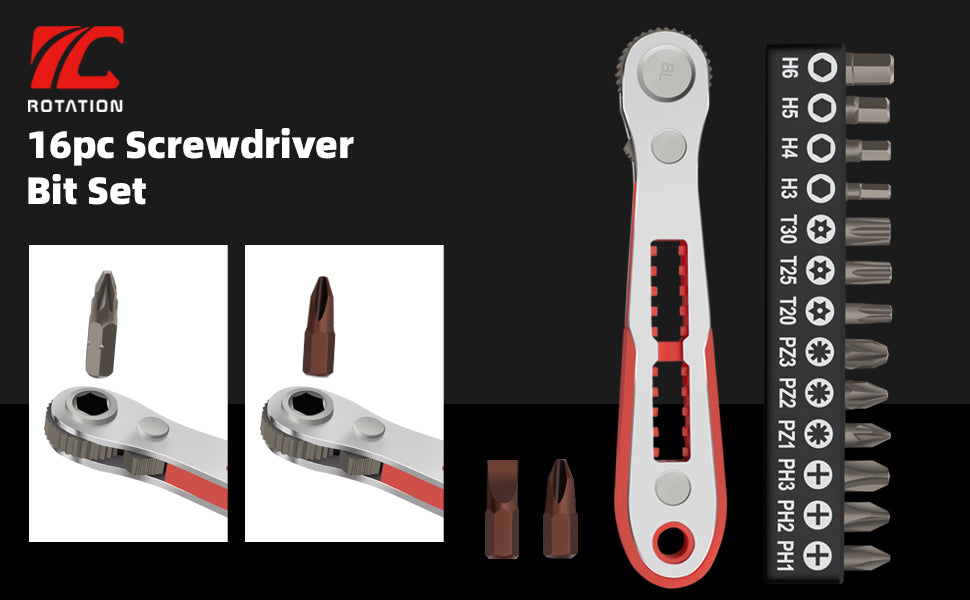 ROTATION 16pc Bit Set with 1/4 Mini Ratchet Offset Right Angle Screwdriver, Reversible Drive Handle, EDC Tool for Tight Spaces Automotive, Electronics & DIY Repair - Detail Large 1