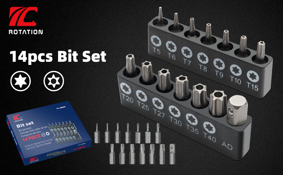 ROTATION 14-Piece Tamper Resistant Star Bits, Chrome Vanadium Steel, T5 - T40 Impact Grade Security Torx Bit Set, 1/4-inch Hex Shank - Detail Large 1