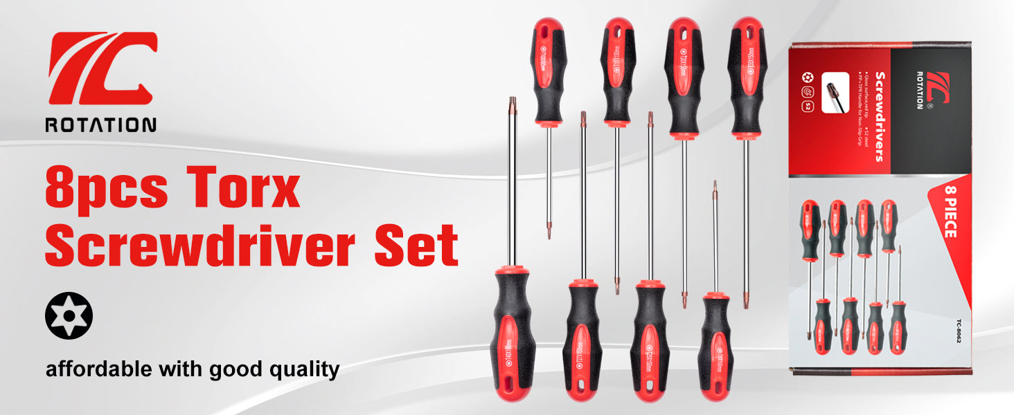 ROTATION 8PCS Magnetic Tip Torx Screwdriver Set, 8 Torx Star Screwdrivers, T8, T10, T15, T20, T25, T27, T30, T40 Red Tip | Red, Gloss, S2 Steel - Detail Large 1