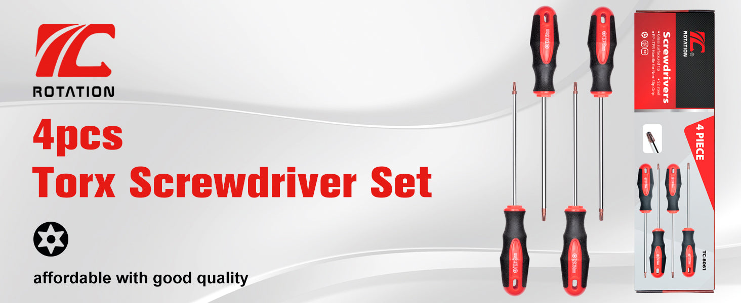 ROTATION 4PCS Magnetic Tip Torx Screwdriver Set, 4 Torx Star Screwdrivers, T20, T25, T27, T30, Red Tip | Red, Gloss, S2 Steel - Detail Large 1