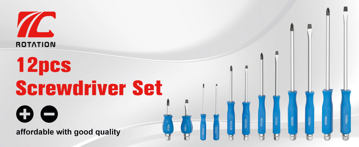 ROTATION 12PCS Magnetic Go-Thru Screwdriver Set, 6 Phillips and 6 Flat Head Tips Screwdriver for Fastening, Chiseling and Loosening Seized Screws, Multi-Purpose Budget Set - Detail Large 1