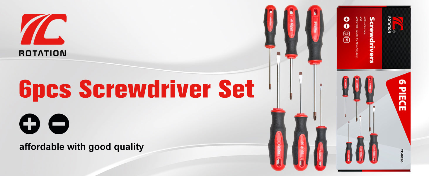 ROTATION 6PCS Magnetic Tip Screwdriver Set, 3 Phillips and 3 Flat, Red Tip | Red, Gloss, S2 Steel) - Detail Large 1