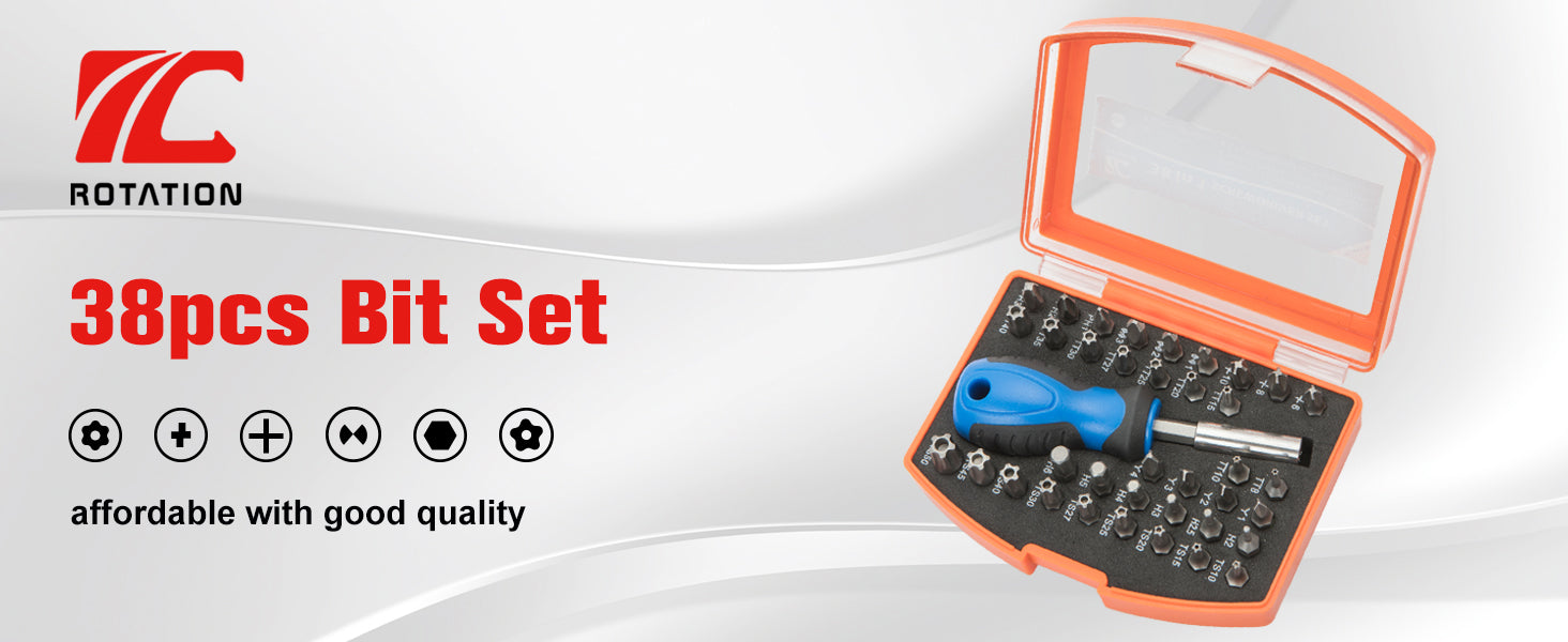 ROTATION 38-Piece 1/4 Bit Driver Screwdriver Bit Set with Portable Case, Chrome Vanadium Steel Multi Torq/Phillips/Torx/Triwing/Hex/Star - Detail Large 1