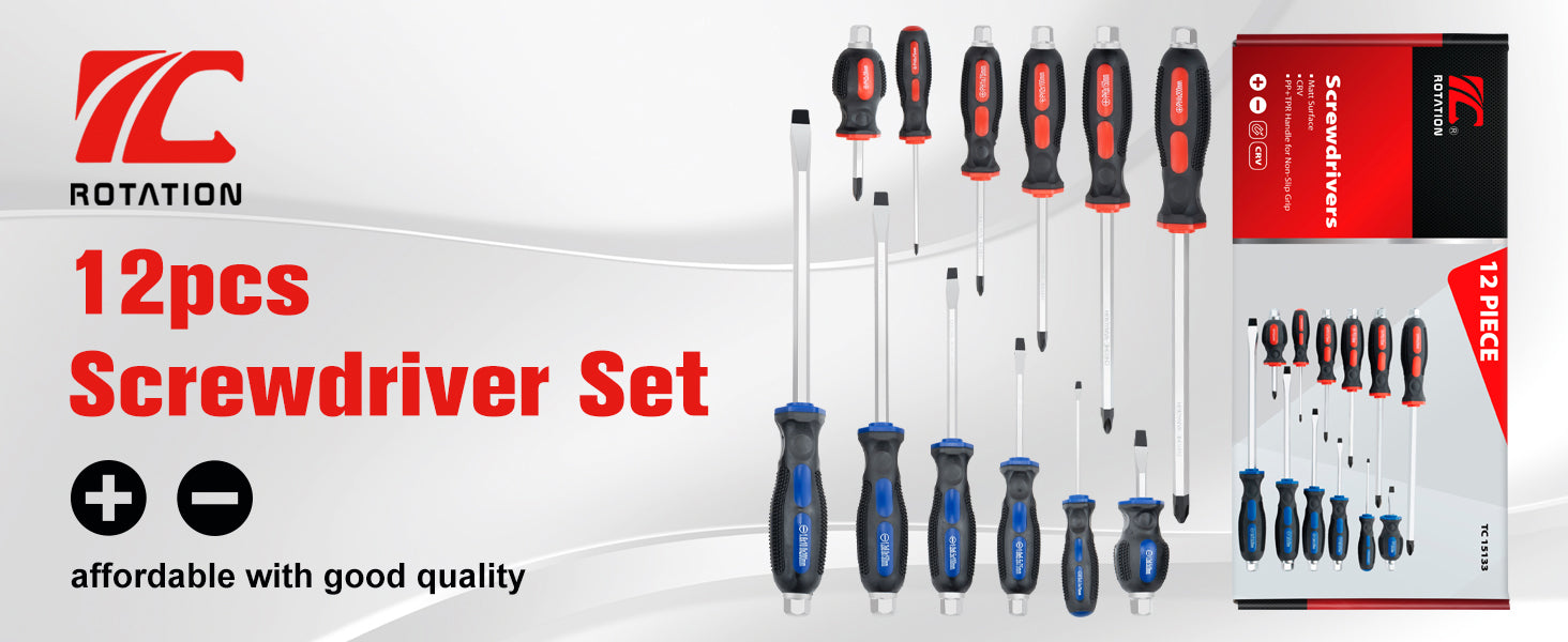 ROTATION Magnetic Screwdriver Set 12 PCS with Black tips, 6 Phillips and 6 Flat Head Screwdrivers, with Go-Thru Steel Blades, High Torque for Fastening and Loosening, pack with paper box - Detail Large 1
