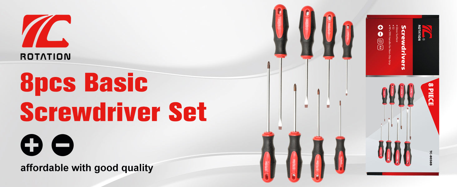 ROTATION 8-Piece Magnetic Screwdrivers Set with red tip, 4 Phillips and 4 Slotted Tips, Professional Cushion Grip Screwdriver Set with High Torque - Detail Large 1