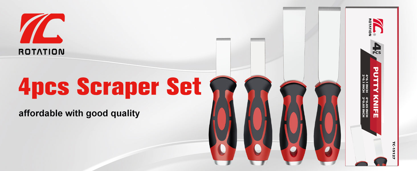 ROTATION Extra Thick Scraper Set, 4 piece, Soft Grip, Heavy Duty, Scraper with Hammer End, Stainless Steel Putty Knife - Detail Large 1