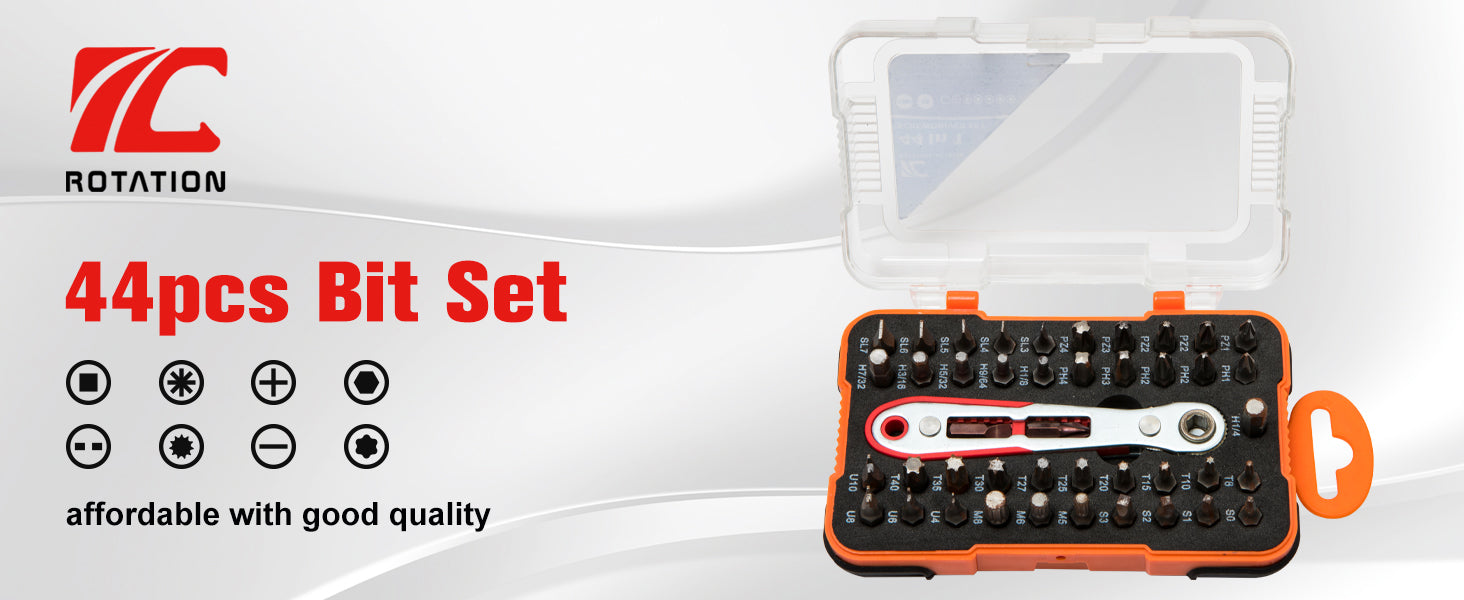 ROTATION 44pc Bit Set with 1/4 Mini Ratchet Offset Screwdriver, Portable Case, CR-V Steel, Drive Handle & Multi Hex/Phillips/Slotted/Torx/Star - Detail Large 1