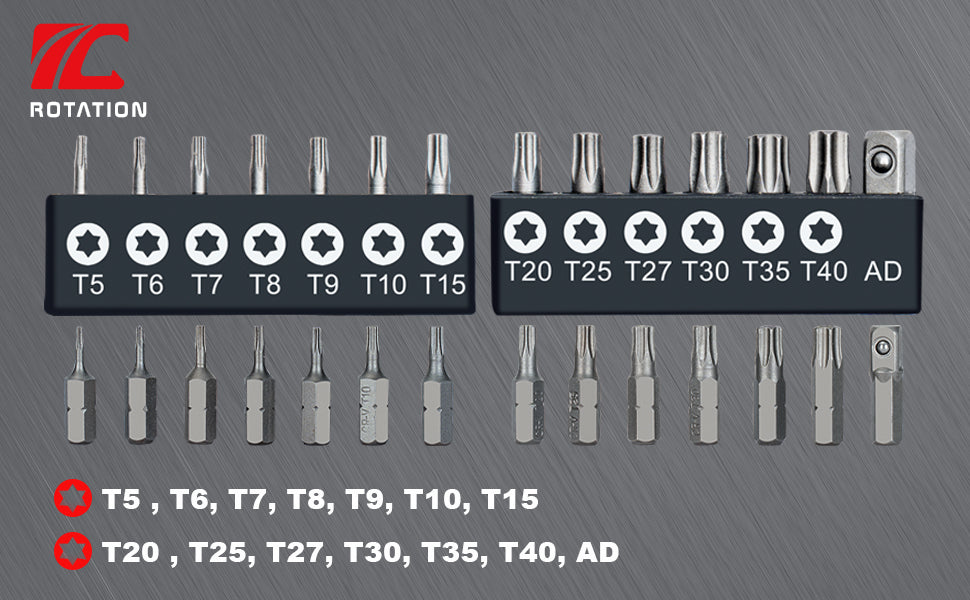 ROTATION 14-Piece Tamper Resistant Star Bits, Chrome Vanadium Steel, T5 - T40 Impact Grade Security Torx Bit Set, 1/4-inch Hex Shank - Detail Large 2