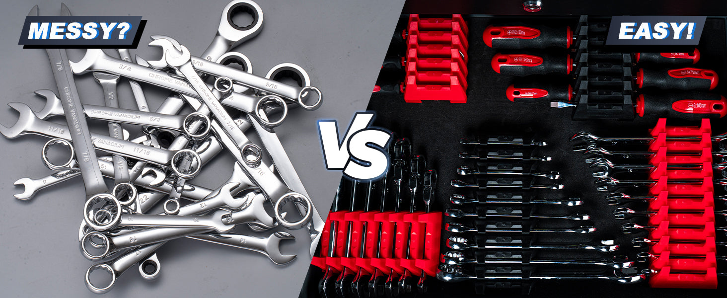 ROTATION 42PC Modular Wrench Organizer, Magnetic Wrench Rack with SAE & Metric Labels, Professional Tool Drawer Storage, Expandable Grid Holder - Detail Large 3