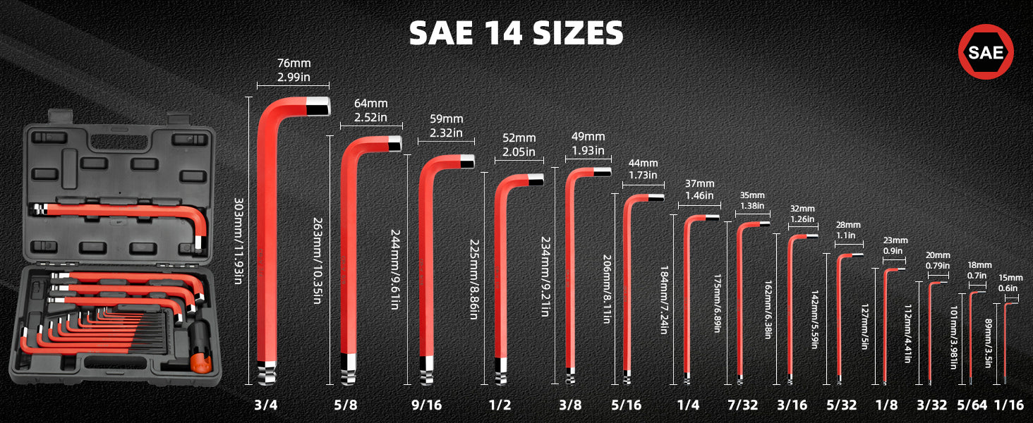 ROTATION 14PC Metric/SAE Jumbo Hex Key Allen Wrench Set, Long Ball End high-strength chrome vanadium Steel | Automotive Mechanic Furniture | Pro-Grade Allen Wrench Tools - Detail Large 4