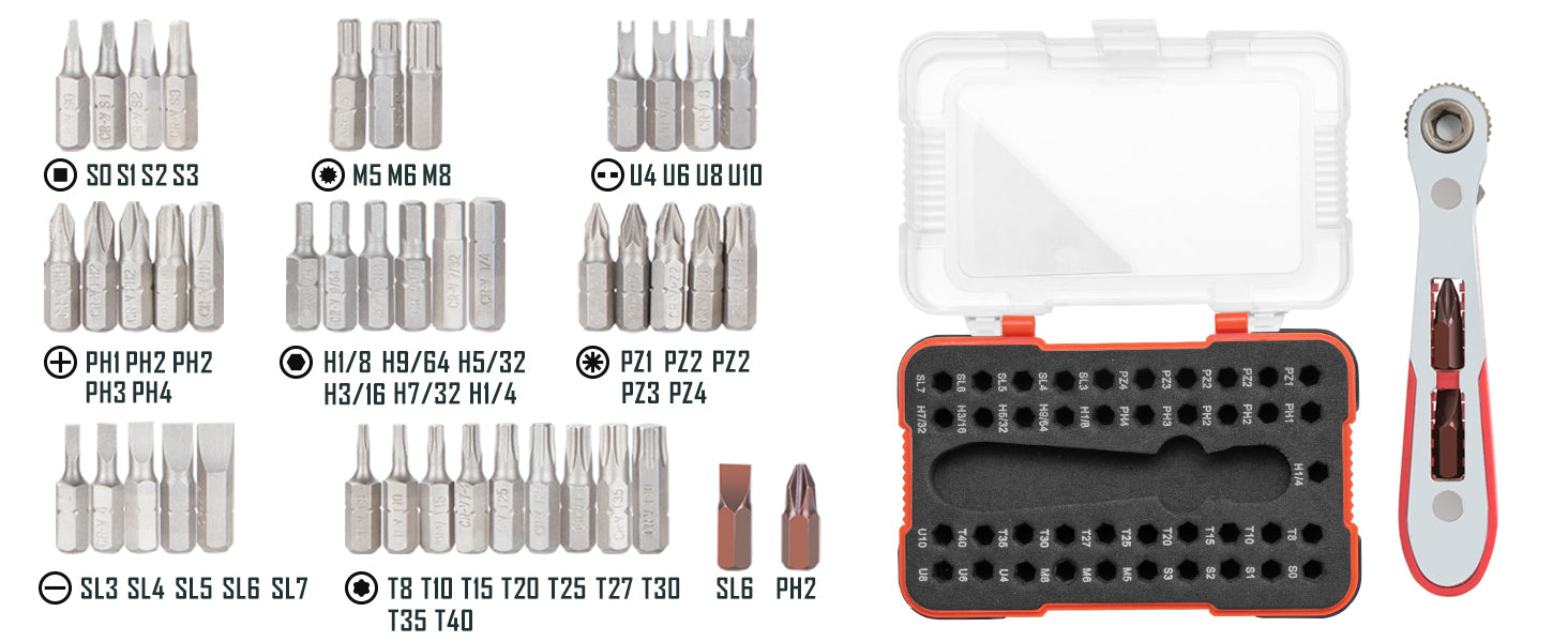 ROTATION 44pc Bit Set with 1/4 Mini Ratchet Offset Screwdriver, Portable Case, CR-V Steel, Drive Handle & Multi Hex/Phillips/Slotted/Torx/Star - Detail Large 3