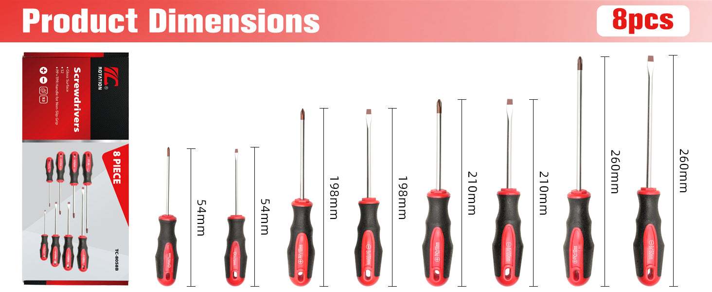 ROTATION 8-Piece Magnetic Screwdrivers Set with red tip, 4 Phillips and 4 Slotted Tips, Professional Cushion Grip Screwdriver Set with High Torque - Detail Large 3