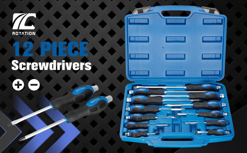 ROTATION Magnetic Screwdriver Set 12 PCS with Black tips, 6 Phillips and 6 Flat Head Screwdrivers, with Go-Thru Steel Blades, High Torque for Fastening and Loosening (Black Tip_Matt Blade) - Detail Large 1