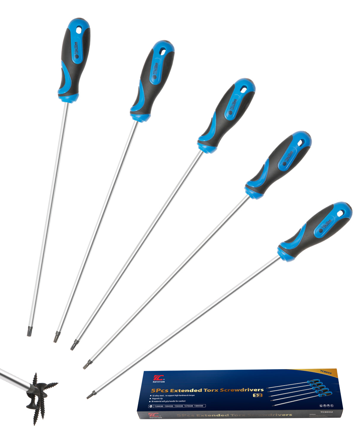 Rapid Rotation Screwdriver ROTATION Extra Long Torx Screwdrivers Set (5pc Set), S2 Steel, blade l ...
